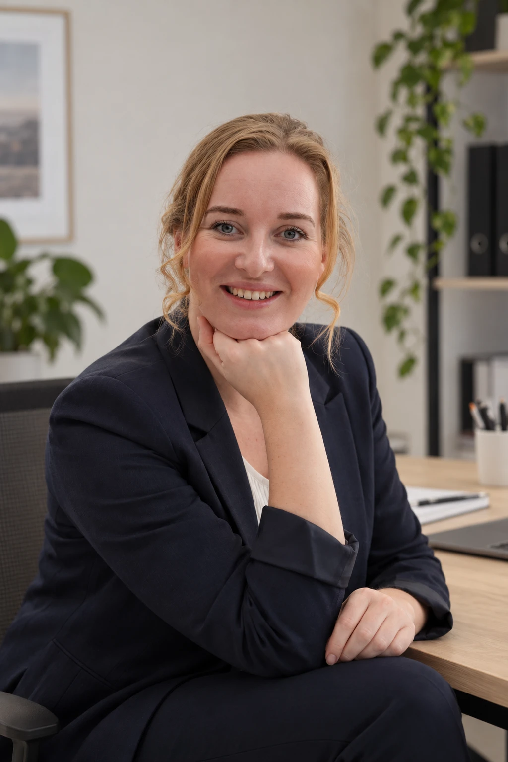 Mirjam Ras in een donkerblauwe blazer aan haar bureau